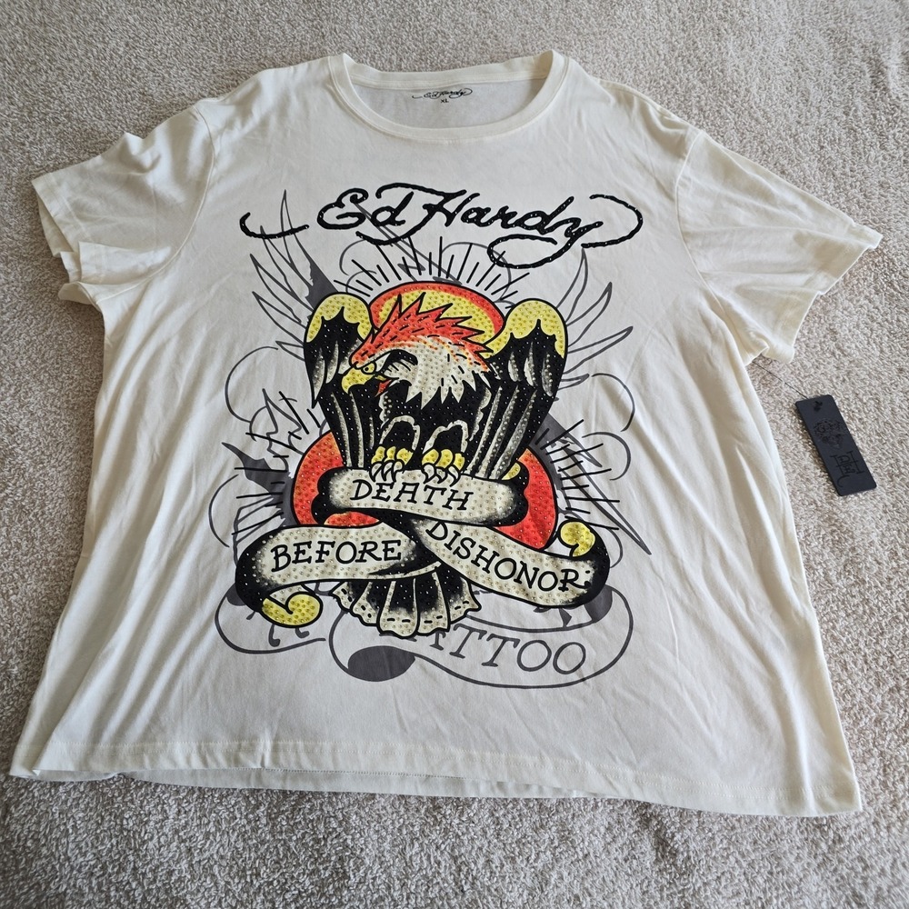 Ed Hardy Death Before Dishonor Men's T-shirt Eagle Embellished Ivory Sz XL NWT